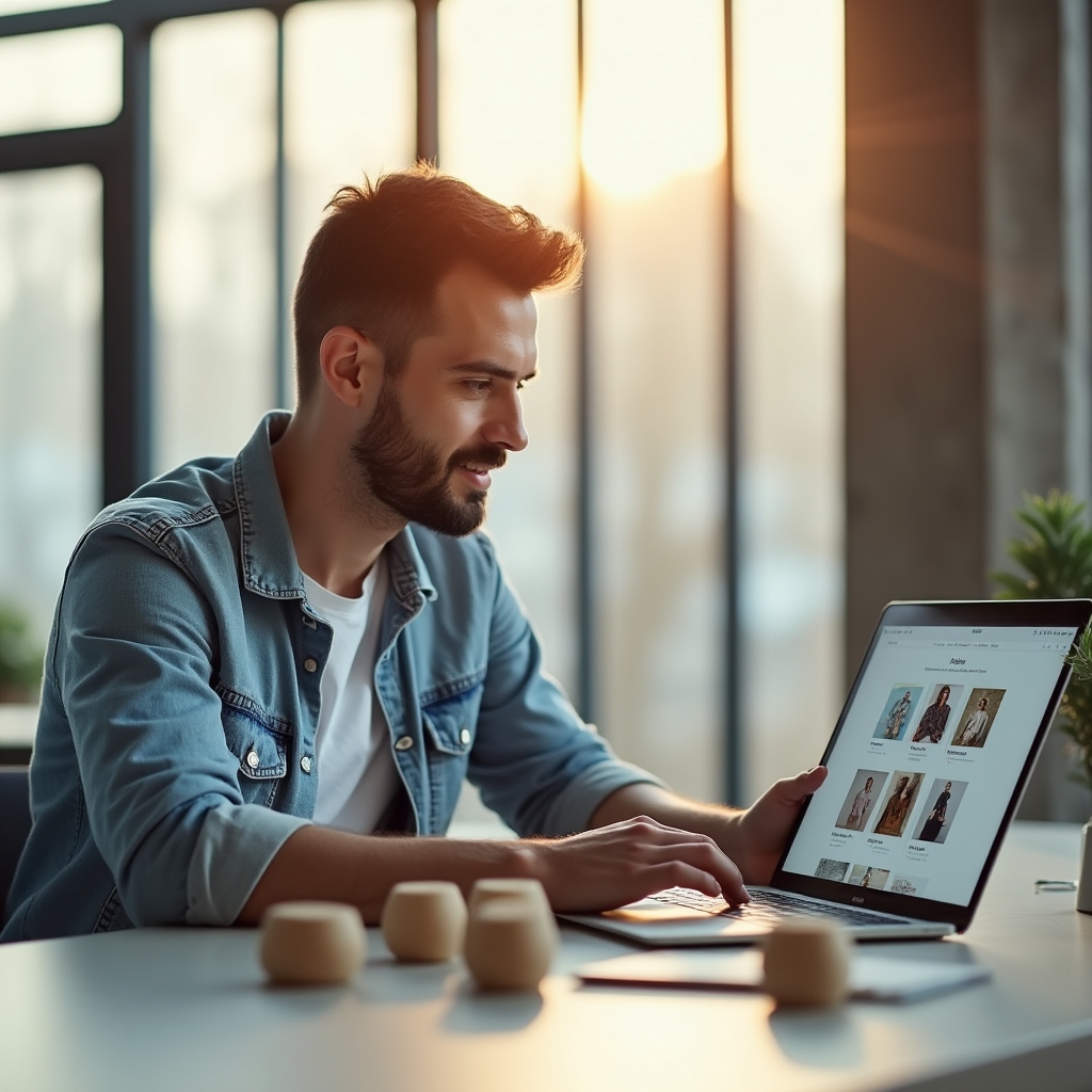 Antreprenor care încarcă fotografii de produse pe magazinul online